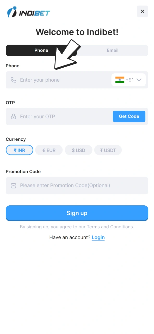 Write your number at opened form to join Indibet and claim welcome bonus.