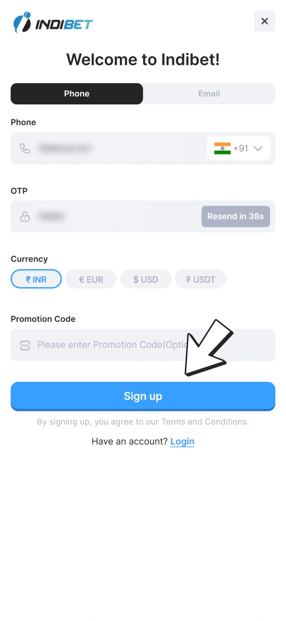 Click this button to join Indibet and start betting on cricket.