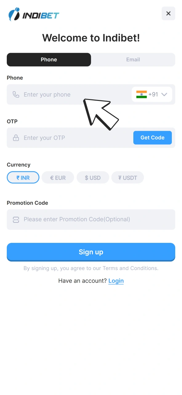 Type in your number and wait for OTP to join Indibet and start cricket betting.