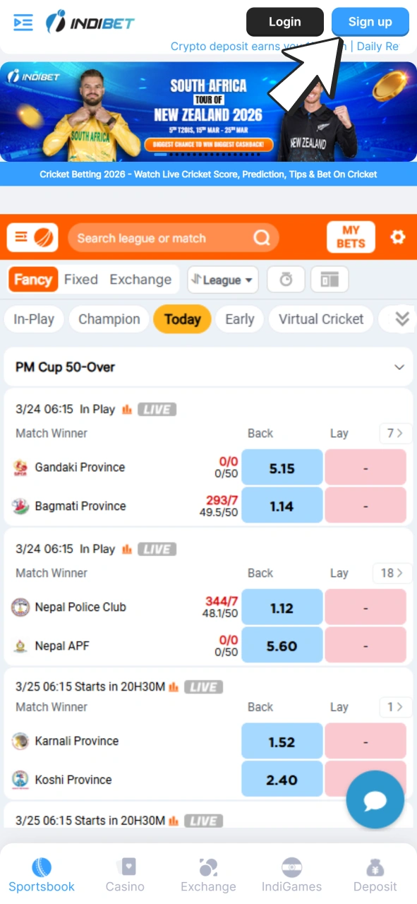 Open registration form at Indibet website.