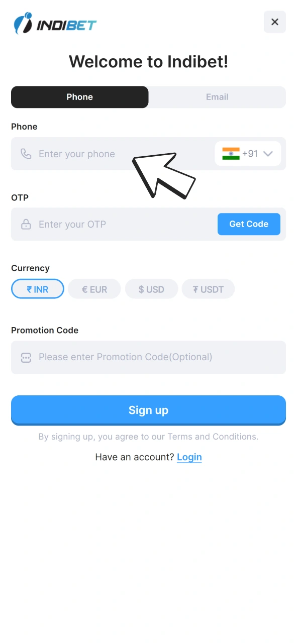 Enter your phone number to join Indibet casino.