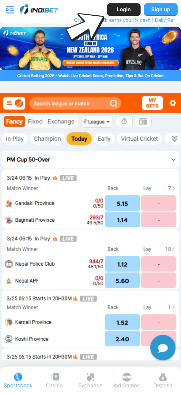 Click on login button to enter your Indibet account.